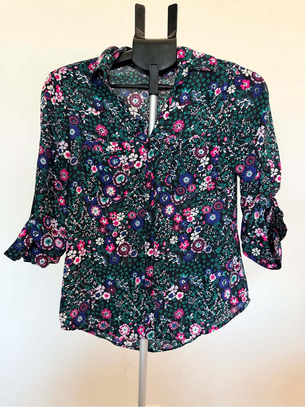 Express Green Floral Button-Down Portofino Shirt with Pink & Blue Accents